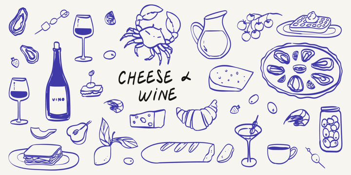 Naklejki Hand drawn crayon food illustration. Breakfast, lunch doodle icons. Vector of wine glass, seafood, greek olives and cheese Illustrations for invitations, menus and parties. La dolce vita italian style