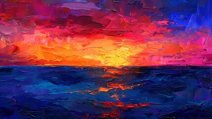 A richly textured oil painting of a vibrant sunset over the ocean, with bold strokes of orange, pink, and purple blending into the deep blue water. 8k UHD, suitable for high-quality printing 