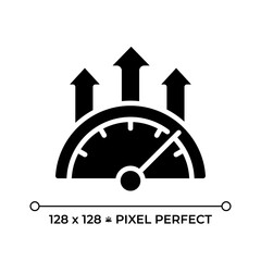 Efficiency meter pixel perfect black glyph icon. Productivity increase, speedometer. Credit score, metric improvement. Silhouette symbol on white space. Solid pictogram. Vector isolated illustration