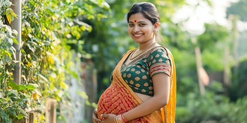 A woman is wearing a green and red sari and is smiling. She is pregnant and is standing in a garden