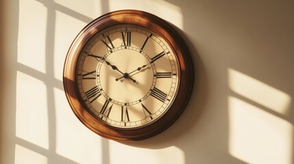 A classic wall clock with a wooden frame and elegant Roman numerals, set against a neutral wall, casting soft shadows that emphasize its timeless design.