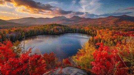 A lake and hills are surrounded by red maple foliage