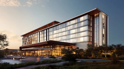 Obraz premium A sleek modern hotel with a high-tech facade and luxury features.