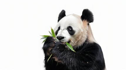 Naklejka premium A panda bear eating bamboo isolated on a transparent background.