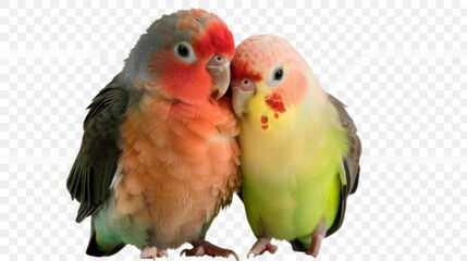 A pair of lovebirds sitting close together isolated on a transparent background.