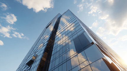 Obraz premium A sleek modern high-rise with a reflective glass exterior.
