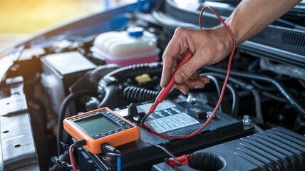 Car Battery Testing with Multimeter. A mechanic's hand using a multimeter to test a car battery's voltage in an open engine bay.
