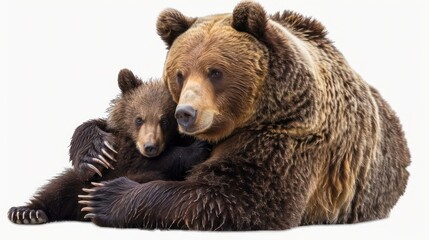 A mother bear and cub hugging isolated on a transparent background.