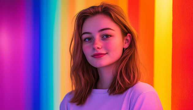 Young woman with light brown hair standing against a vibrant rainbow-colored background, exuding a cheerful and playful mood. - Powered by Adobe