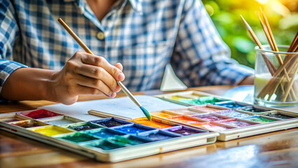 Naklejka premium Closeup view of artist painting with watercolors , watercolor, painting, art, artist, brush, creativity, closeup, colorful