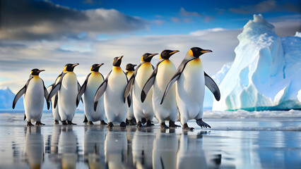 Fototapeta premium Group of penguins waddling across icy landscape, penguins, group, waddling, icy, cold, landscape, wildlife, cute