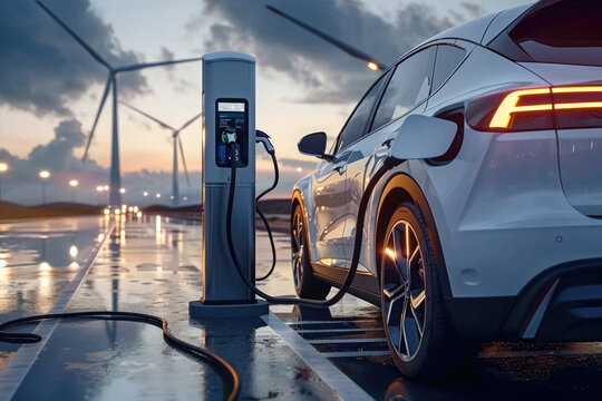 The small car is charging, the wind turbine in the distance