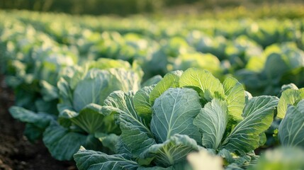 Naklejka premium A field of cabbages growing under the bright sun, with rows of large green leaves stretching out across the landscape, waiting to be harvested.