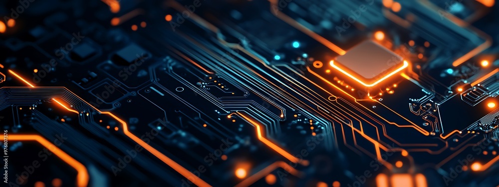 Poster close-up of a circuit board with orange and blue glowing lines