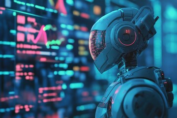 Futuristic Robot Observing Data on a Screen