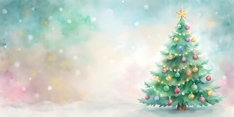 Obraz premium Watercolor of a delicate pastel Christmas tree on a background, watercolor,pastel, Christmas tree