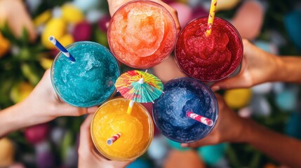 A group of friends toasting with colorful slushies, each in a different flavor--blue raspberry, mango, and strawberry--served in fun cups with umbrella straws.