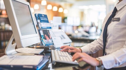 Receptionist at Work. A close-up image of a receptionist working at a desk, typing on a keyboard and interacting with a computer screen.