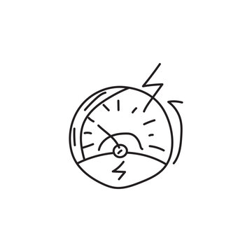 recommend clip art: Hand-drawn speedometer with needle in the red zone, with lightning bolt symbol. Concept of speed, danger, urgency, and risk.
