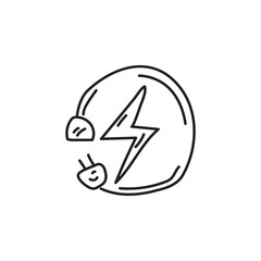 Hand drawn doodle of lightning bolt in circle with two plugs. Concept of energy, power, electricity, connection.