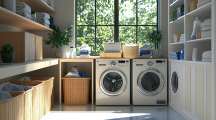 A laundry room with a washing machine and dryer side-by-side, featuring a well-organized setup with storage shelves, laundry bins, and a large window providing natural light.