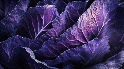 Obraz premium A macro shot of cabbage leaves with intricate veins and textures, capturing the natural beauty and detail of the vegetables structure under soft lighting.