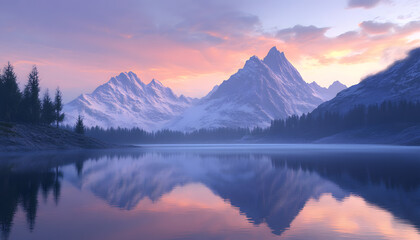 Nature Bliss: A serene mountain landscape with a lake reflecting the snowy peaks at sunrise