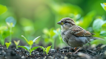 Fototapeta premium A little sparrow planting beans and taking care to the surface