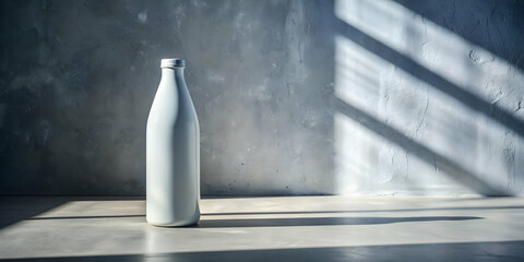 White bottle mockup on concrete table with sunlight casting shadow through window, product, mockup, white, bottle, concrete