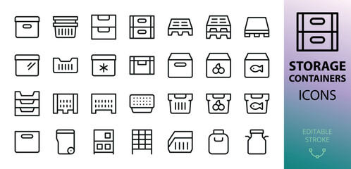 Storage containers isolated icons set. Set of euro stacking containers, ventilated storage crates, spill containment tray, bulk plastic harvest bin, industrial pallet, insulated container box icon