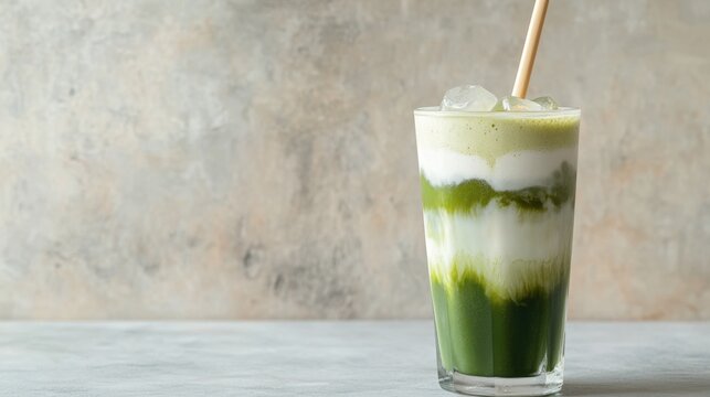 A refreshing iced matcha latte in a tall glass, layered with frothy milk and served with a bamboo straw, against a minimalist background.