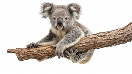Naklejka premium A baby koala clinging to a tree branch isolated on a transparent background.