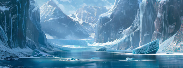 A dramatic glacial fjord, with sheer cliffs rising from the icy waters below, and massive icebergs floating serenely in the fjord