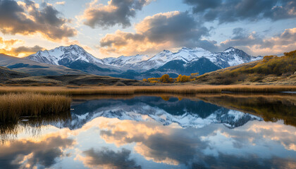 Fototapeta premium Nature Bliss: A serene mountain landscape with a lake reflecting the snowy peaks at sunrise