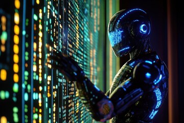 A humanoid robot interacts with a wall of glowing data.