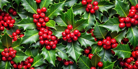 Obraz premium Festive christmas background with holly leaves and berries for seasonal design