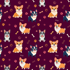 Obraz premium Vector seamless pattern with cute dogs, bones and paws. Cute dog breeds in different poses isolated on light blue background. French bulldog and corgy pattern, pet print perfect for kids textile.