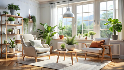 Obraz premium Scandinavian living room with white armchair, wooden coffee table, and plants in pots by window
