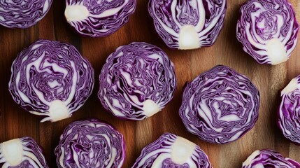 Fototapeta premium A top-down view of sliced red cabbage arranged on a wooden cutting board, showcasing its intricate purple and white patterns, ready for a fresh salad.