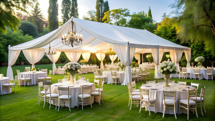 Elegant outdoor wedding reception with chandeliers and floral centerpieces.
Upscale wedding venue featuring a white tent and lush green lawn.