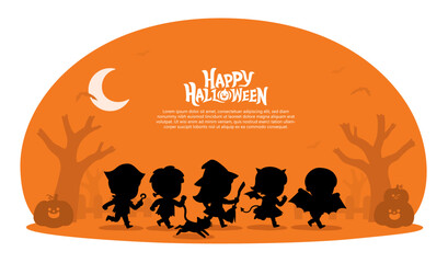 Children dressed in Halloween costumes to go Trick or Treating. Halloween costume kids in spooky holiday. Template for advertising brochure.