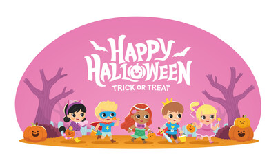 Children dressed in Halloween costumes to go Trick or Treating. Halloween costume kids in spooky holiday. Template for advertising brochure.