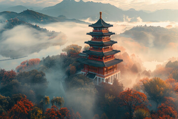 Obraz premium In autumn, the pagoda by the river in the countryside