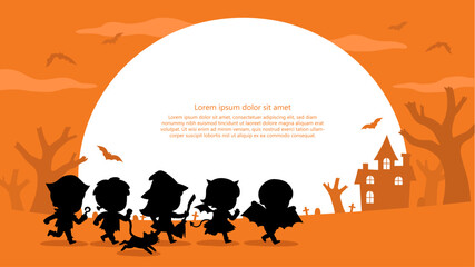 Silhouette of Children dressed in Halloween costumes to go Trick or Treating with a cat. Halloween costume kids in spooky holiday. Template for advertising brochure.