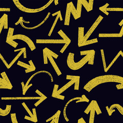 Seamless pattern arrows yellow brush curved. Vector thick marker arrows. Template curved wavy brush grunge. Seamless hand drawn banner with vector direction pointers. Brush strokes with scratches.