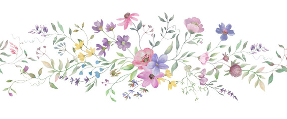 Seamless watercolor border with clover, lavender, eucalypt leaves.