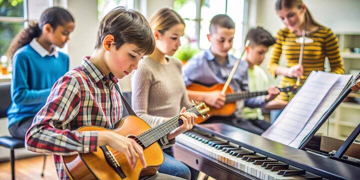  A diverse group of children concentrate as they learn and practice music together, playing guitars, piano and violin in a bright classroom setting.