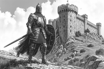 Obraz premium Kids Coloring Page: Knight and Castle