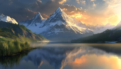 Fototapeta premium Nature Bliss: A serene mountain landscape with a lake reflecting the snowy peaks at sunrise