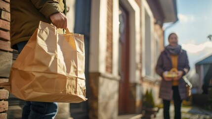 Paper bag in the hands of a delivery man in front of a house, close-up